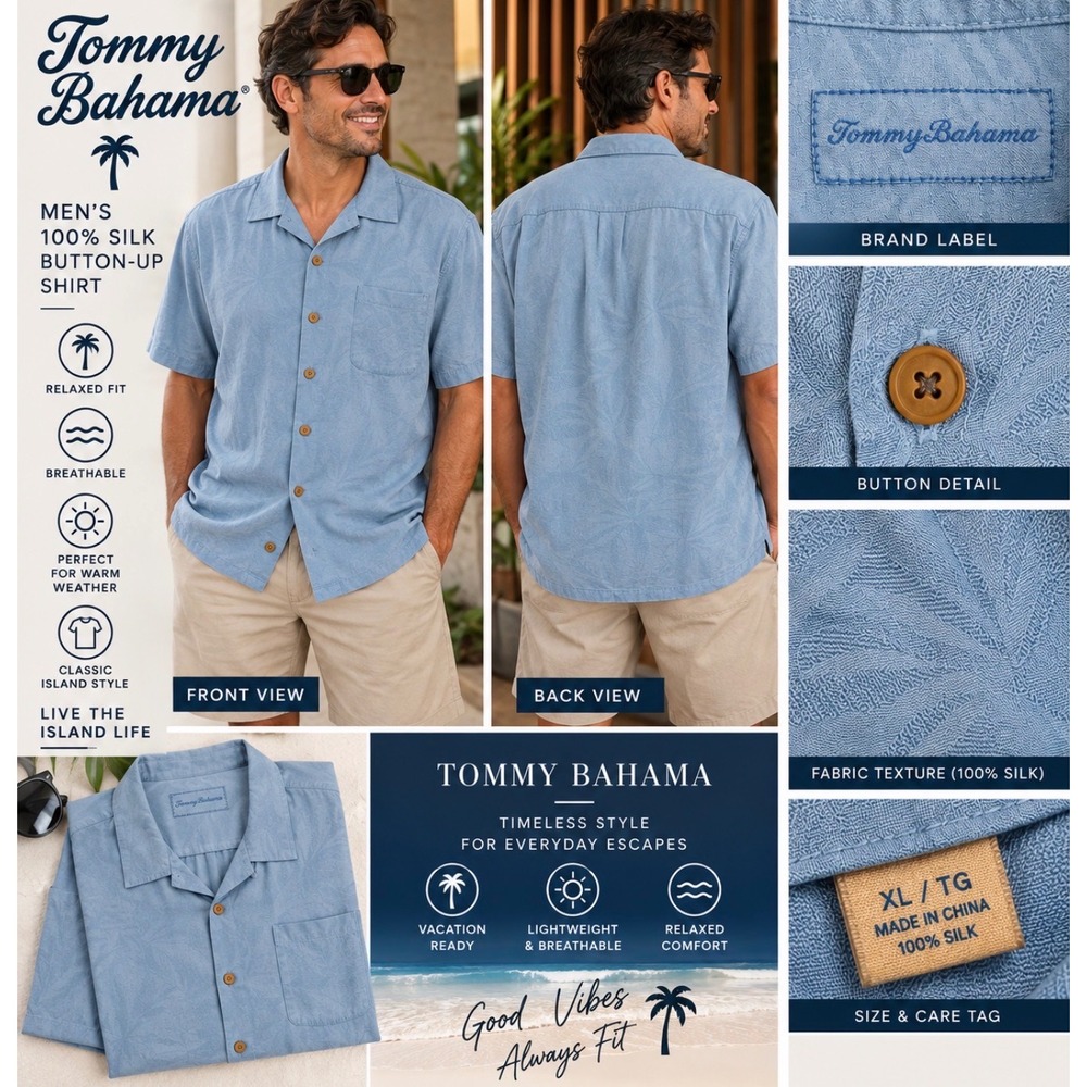 Tommy Bahama Mens XL Silk Short Sleeve Button Down Camp Shirt Blue Tropical Leaf